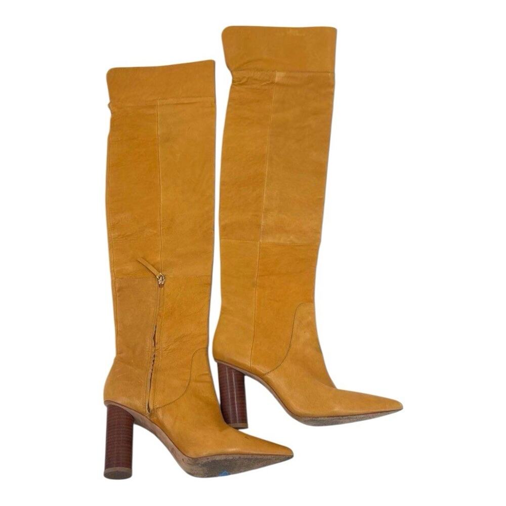Ulla Johnson Knee High Boots 9.5M Mustard Yellow/Camel Suede Leather Block Heel - Picture 2 of 10